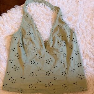 Free People Light Sage Eyelet Halter Cami
